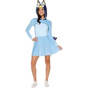 Bluey Adult Costume Dress Womens XL Halloween Cosplay Blue Long Sleeve Hood